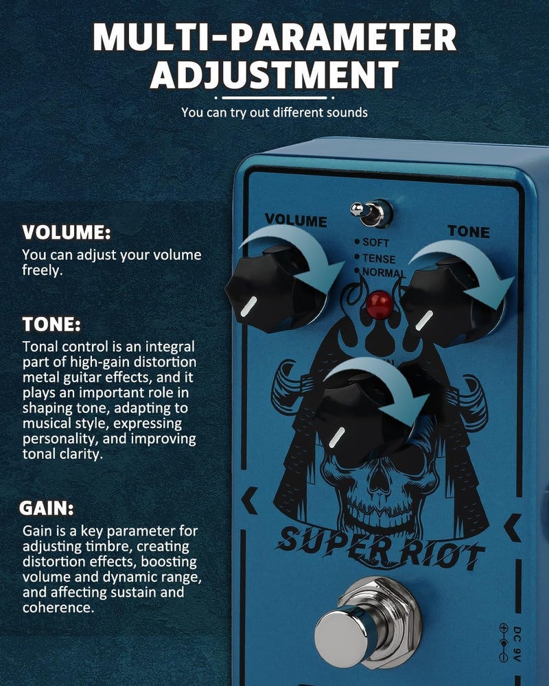 STRICH SUPER RIOT High Gain Distortion Pedal for Electric Guitar, Compact and Mini Design, True Bypass, 3 Control Knobs, Volume, Tone, Gain, Three Modes, Soft, Tense, Normal, 9V DC, Dark Blue - Image 5